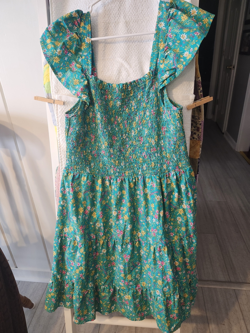 Girls' Floral Ruffle Shoulder Dress - Teal Green